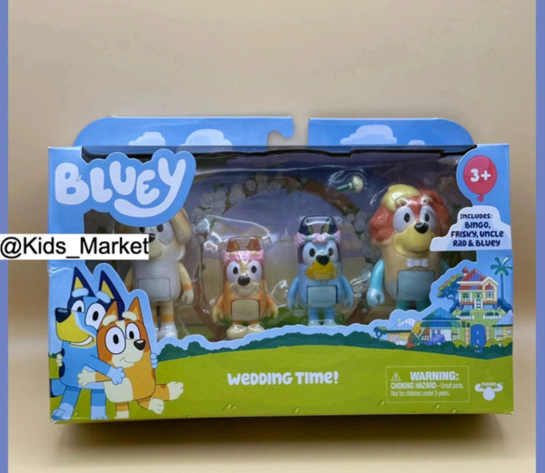 Bluey “Wedding Time!” 4-Pack Figure Set – Bingo, Frisky, Uncle Rad & Bluey – Age 3+