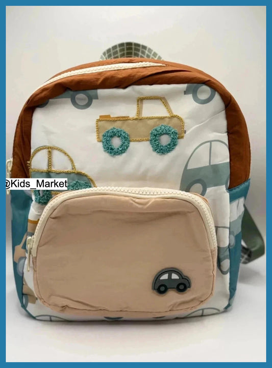 Embroidered Car Print Toddler Backpack – Soft & Lightweight | H28 x W21 x D10 cm